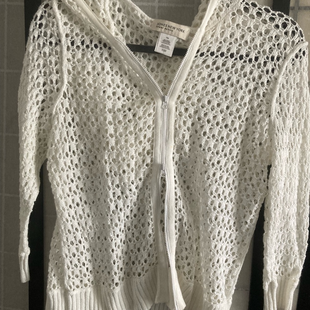 Jones New York Open-Weave Cream Hooded Cardigan - Picture 3 of 6
